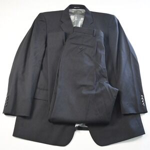 Vtg Y2K Boxy 2000s 44R 34x32 Black Striped 100% Wool Mens Jacket Pants Suit